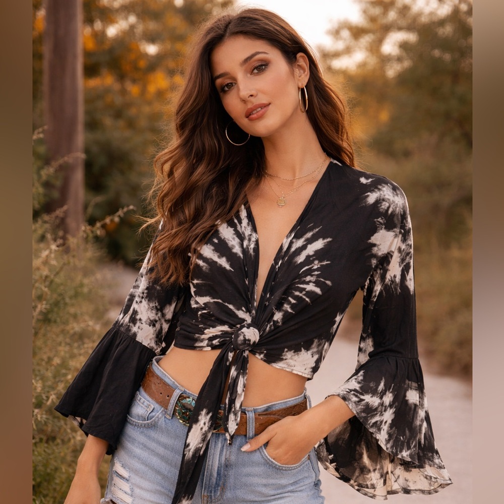 Anthropologie Kachel Tie Dye Wrap Top Bell Sleeve Boho Black Medium
